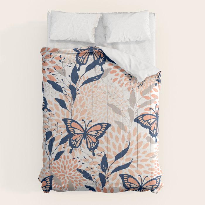 Floral, Butterflies Print, Coral, Navy Bue, Gray Comforter Gallery Image 1