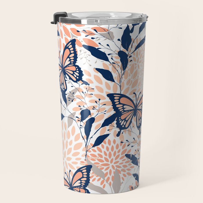 Floral, Butterflies Print, Coral, Navy Bue, Gray Travel Mug Gallery Image 3