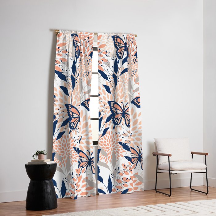 Floral, Butterflies Print, Coral, Navy Bue, Gray Window Curtain Gallery Image 2