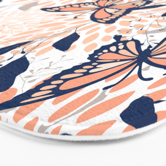 Floral, Butterflies Print, Coral, Navy Bue, Gray Bath Mat Gallery Image 3