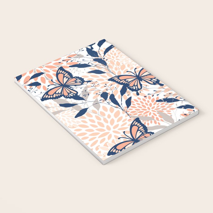 Floral, Butterflies Print, Coral, Navy Bue, Gray Notebook Gallery Image 3
