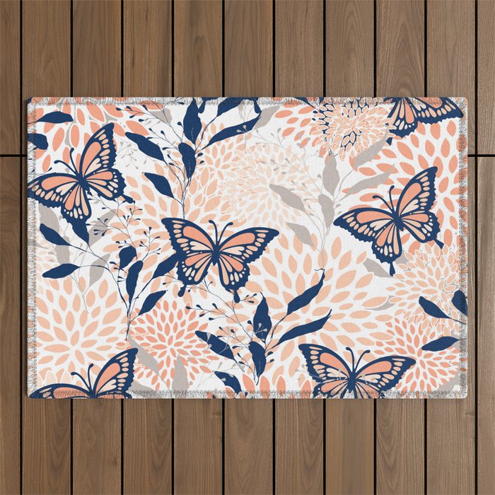 Floral, Butterflies Print, Coral, Navy Bue, Gray Outdoor Rug Gallery Image 1