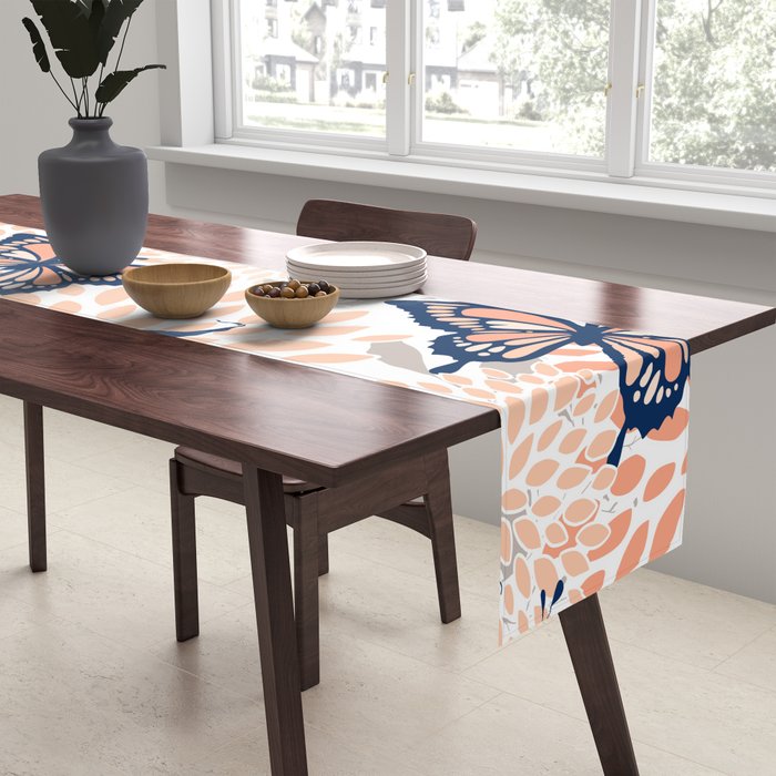 Floral, Butterflies Print, Coral, Navy Bue, Gray Table Runner Gallery Image 2