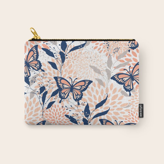 Floral, Butterflies Print, Coral, Navy Bue, Gray Carry All Pouch Gallery Image 1