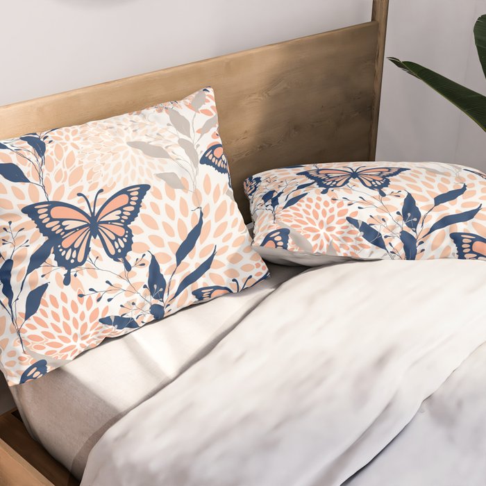 Floral, Butterflies Print, Coral, Navy Bue, Gray Pillow Sham Gallery Image 2