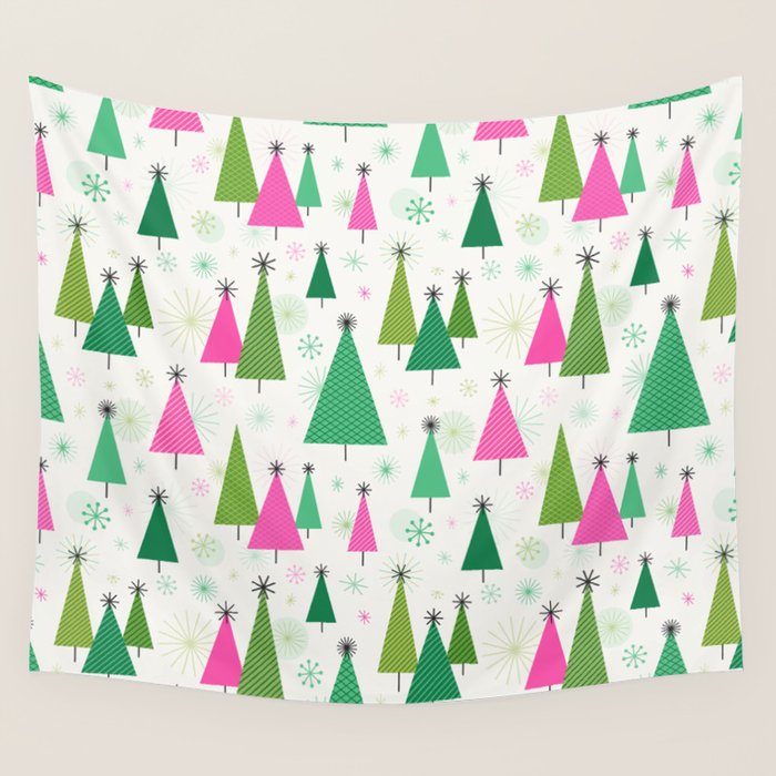 Mid-Century Modern Christmas Trees - Pink and Green Wall Tapestry Gallery Image 4