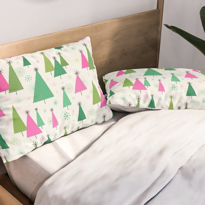 Mid-Century Modern Christmas Trees - Pink and Green Pillow Sham Gallery Image 2
