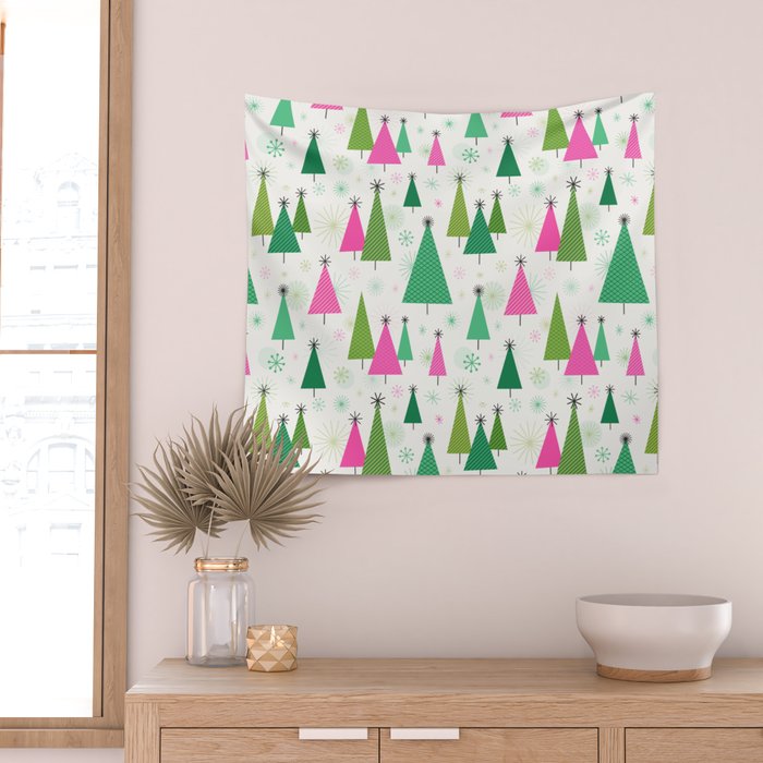 Mid-Century Modern Christmas Trees - Pink and Green Wall Tapestry Gallery Image 2