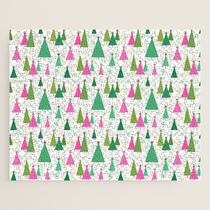 Mid-Century Modern Christmas Trees - Pink and Green Jigsaw Puzzle Gallery Image 1