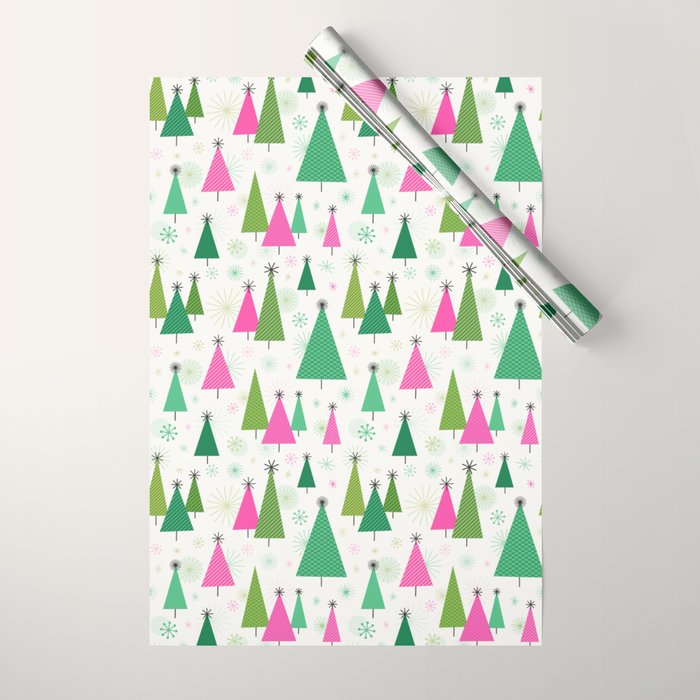 Mid-Century Modern Christmas Trees - Pink and Green Wrapping Paper Gallery Image 1