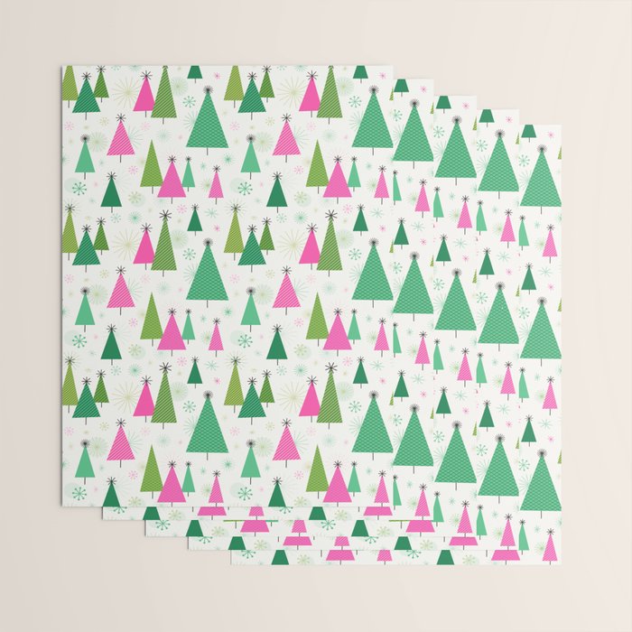 Mid-Century Modern Christmas Trees - Pink and Green Wrapping Paper Gallery Image 3