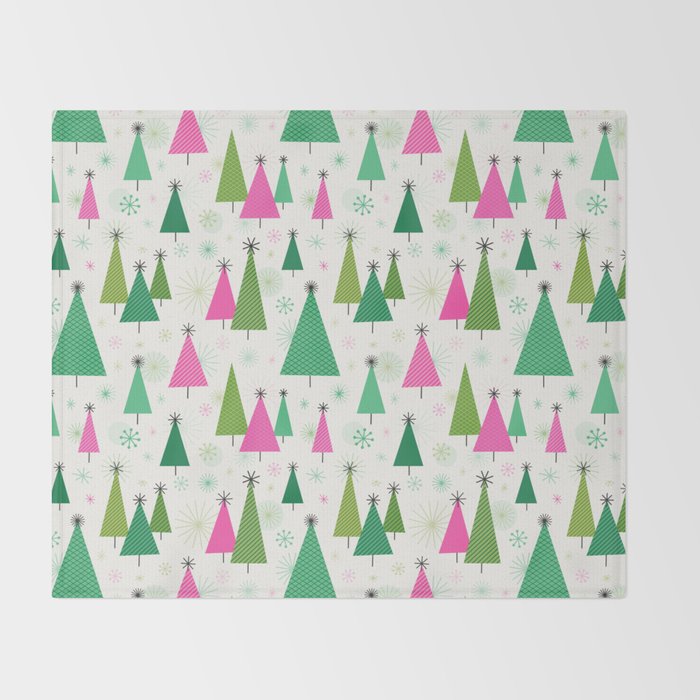 Mid-Century Modern Christmas Trees - Pink and Green Throw Blanket Gallery Image 2