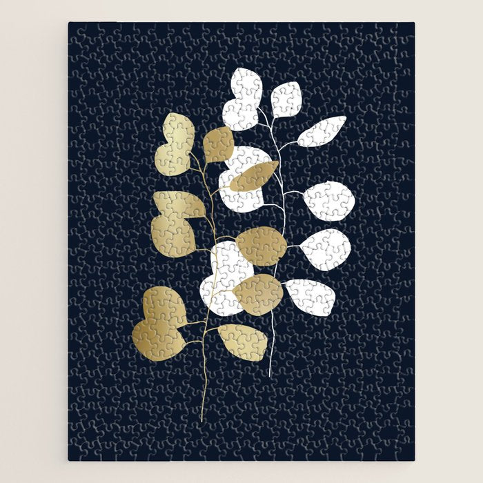 Leaf Duo, Gold and White on Navy Blue Jigsaw Puzzle Gallery Image 1