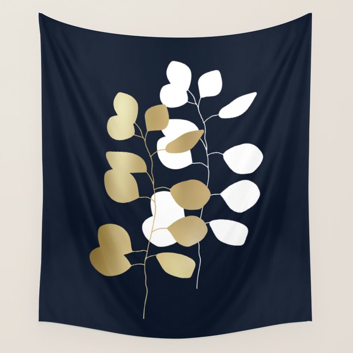 Leaf Duo, Gold and White on Navy Blue Wall Tapestry Gallery Image 1