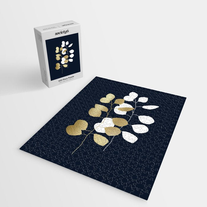 Leaf Duo, Gold and White on Navy Blue Jigsaw Puzzle Gallery Image 2