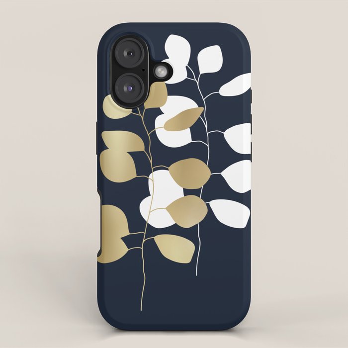 Leaf Duo, Gold and White on Navy Blue iPhone Case Gallery Image 1