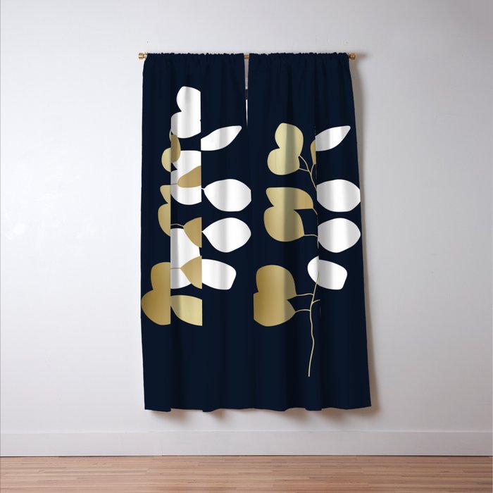 Leaf Duo, Gold and White on Navy Blue Window Curtain Gallery Image 3