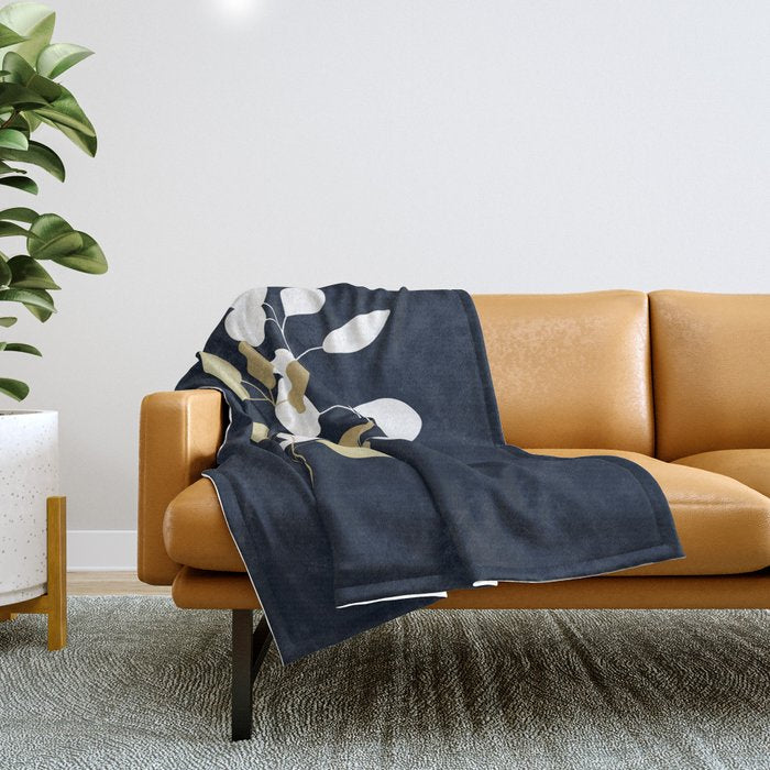 Leaf Duo, Gold and White on Navy Blue Throw Blanket Gallery Image 1