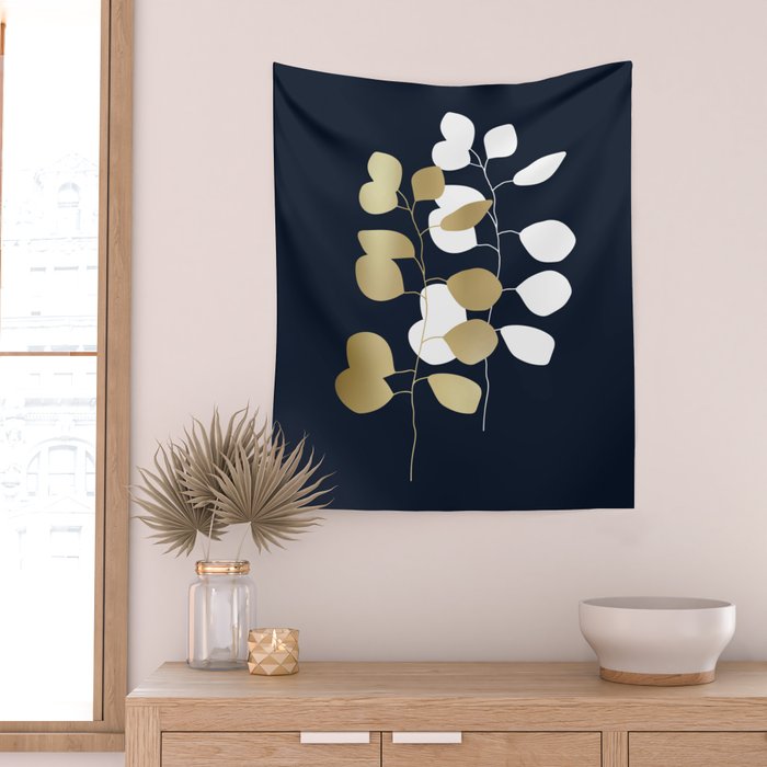 Leaf Duo, Gold and White on Navy Blue Wall Tapestry Gallery Image 2