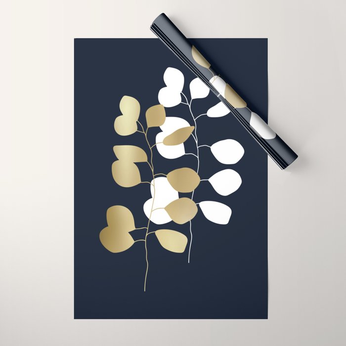 Leaf Duo, Gold and White on Navy Blue Wrapping Paper Gallery Image 1