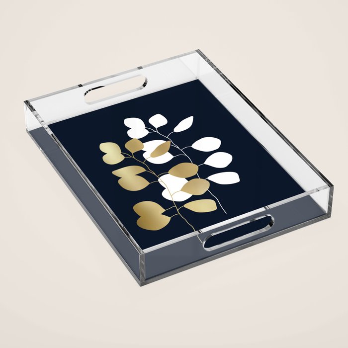 Leaf Duo, Gold and White on Navy Blue Acrylic Tray Gallery Image 1