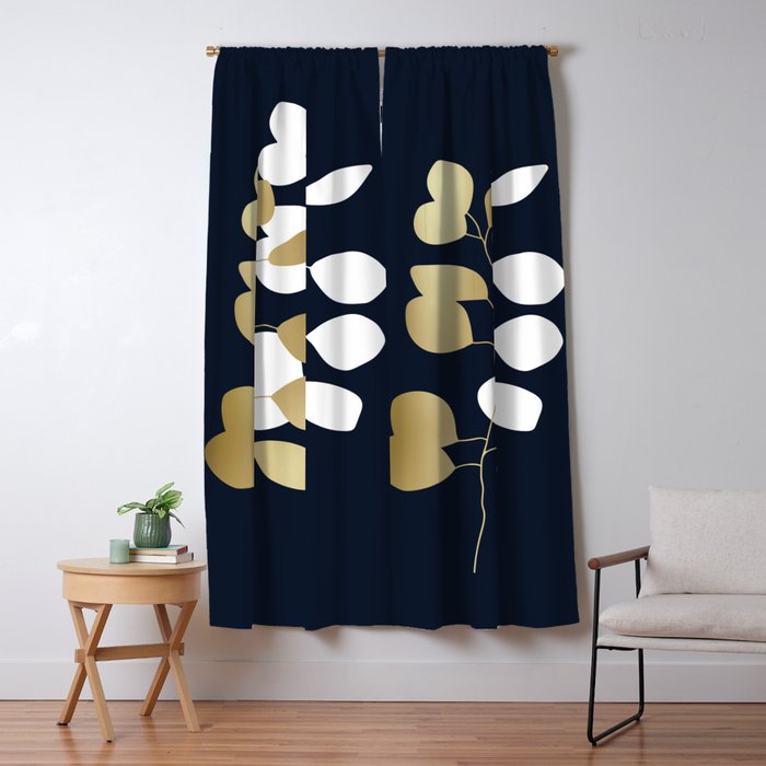 Leaf Duo, Gold and White on Navy Blue Window Curtain Gallery Image 1
