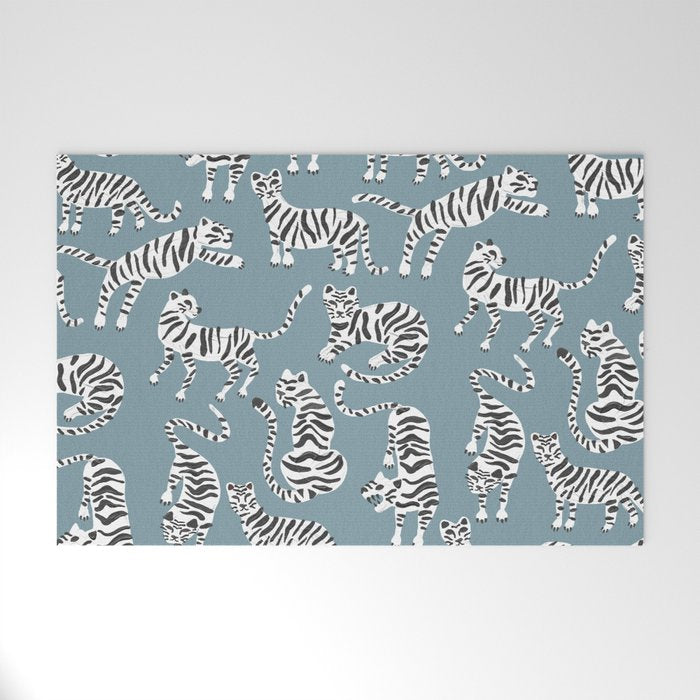 Tiger Collection - White on Blue Welcome Mat Gallery Image 1