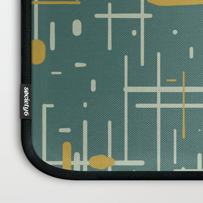 Mid-Century Modern Kinetikos Pattern in Deep Teal, Mustard Gold, and Celadon Laptop Sleeve Gallery Image 3