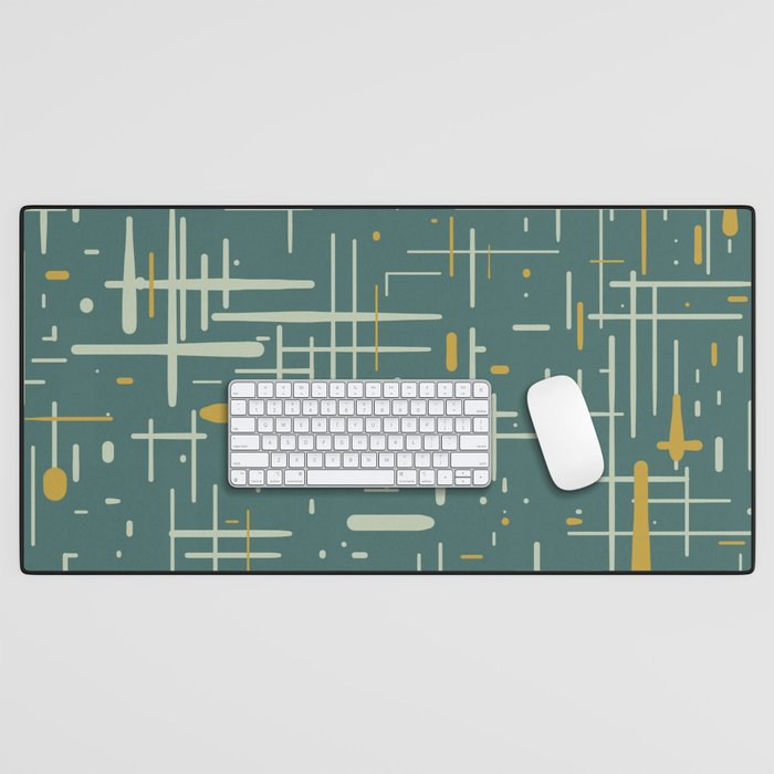 Mid-Century Modern Kinetikos Pattern in Deep Teal, Mustard Gold, and Celadon Desk Mat Gallery Image 1