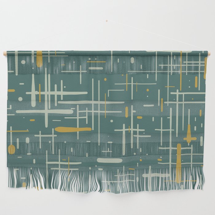 Mid-Century Modern Kinetikos Pattern in Deep Teal, Mustard Gold, and Celadon Wall Hanging Gallery Image 1