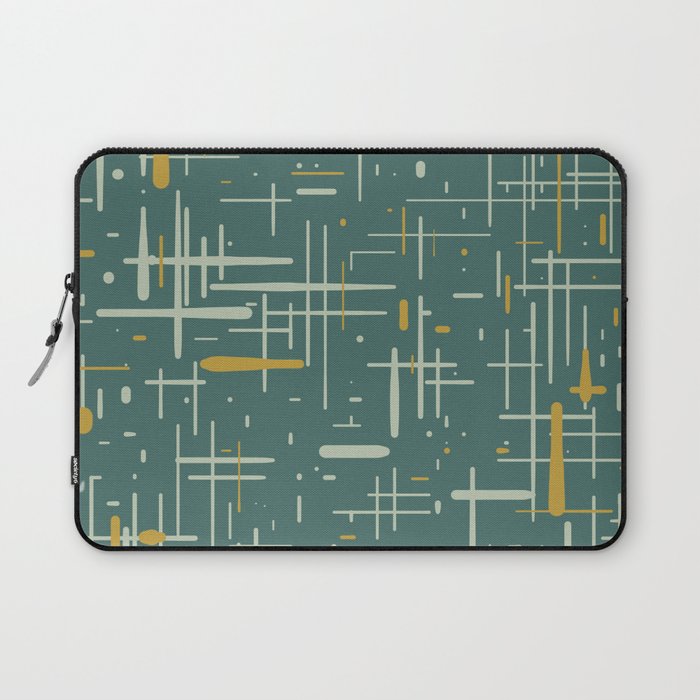 Mid-Century Modern Kinetikos Pattern in Deep Teal, Mustard Gold, and Celadon Laptop Sleeve Gallery Image 1