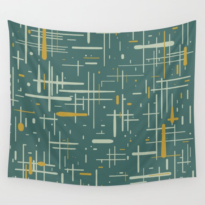 Mid-Century Modern Kinetikos Pattern in Deep Teal, Mustard Gold, and Celadon Wall Tapestry Gallery Image 4