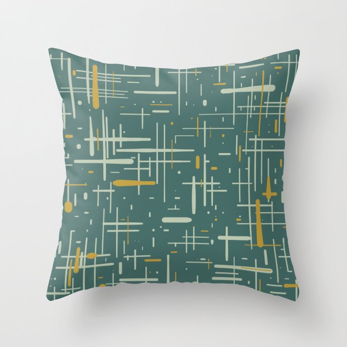 Mid-Century Modern Kinetikos Pattern in Deep Teal, Mustard Gold, and Celadon Throw Pillow Gallery Image 1