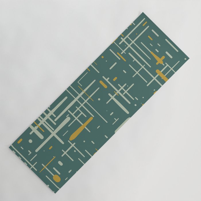 Mid-Century Modern Kinetikos Pattern in Deep Teal, Mustard Gold, and Celadon Yoga Mat Gallery Image 1