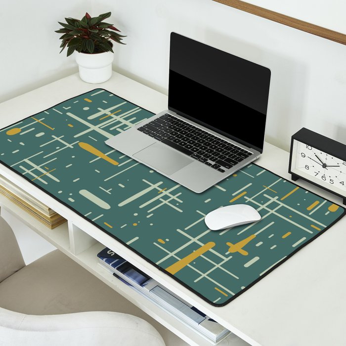 Mid-Century Modern Kinetikos Pattern in Deep Teal, Mustard Gold, and Celadon Desk Mat Gallery Image 2