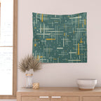 Mid-Century Modern Kinetikos Pattern in Deep Teal, Mustard Gold, and Celadon Wall Tapestry Gallery Image 2