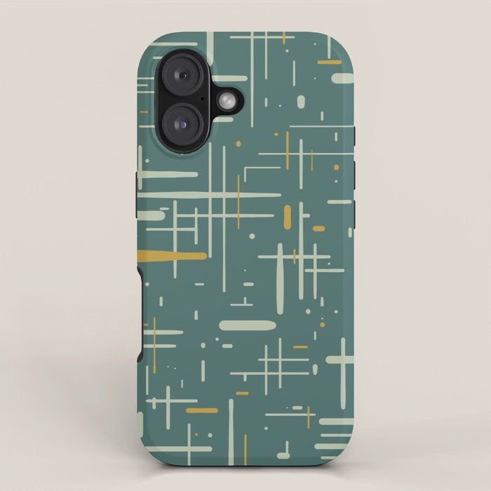 Mid-Century Modern Kinetikos Pattern in Deep Teal, Mustard Gold, and Celadon iPhone Case Gallery Image 1