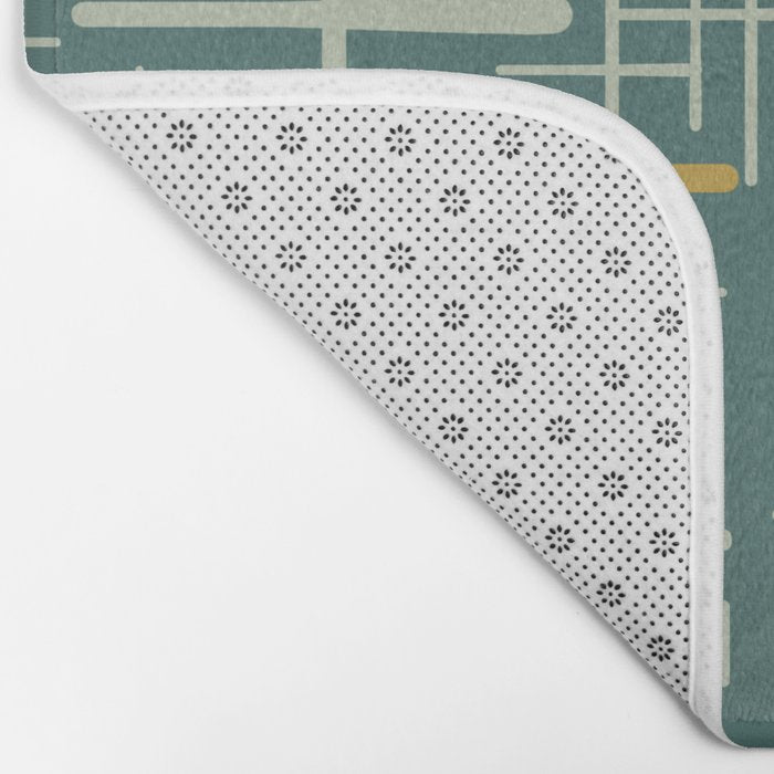 Mid-Century Modern Kinetikos Pattern in Deep Teal, Mustard Gold, and Celadon Bath Mat Gallery Image 2