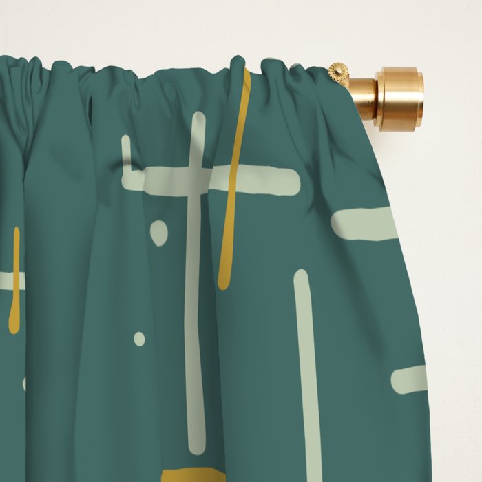 Mid-Century Modern Kinetikos Pattern in Deep Teal, Mustard Gold, and Celadon Window Curtain Gallery Image 2