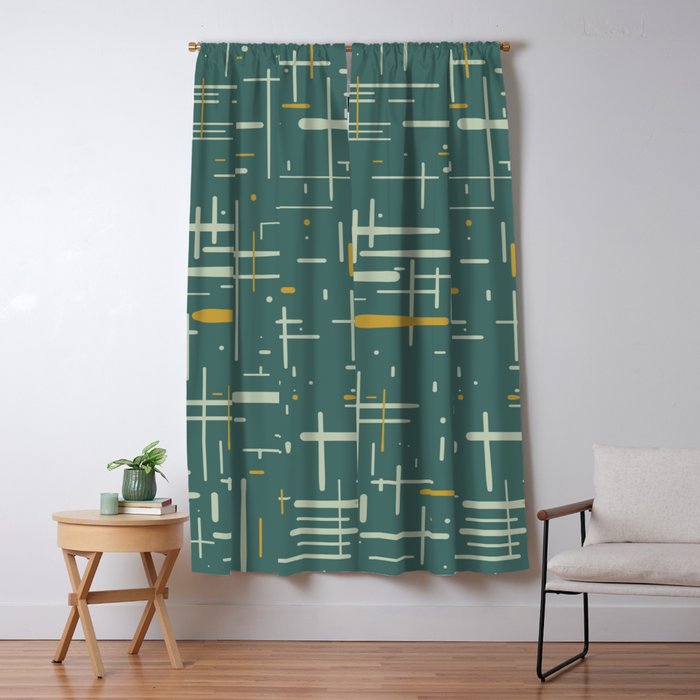 Mid-Century Modern Kinetikos Pattern in Deep Teal, Mustard Gold, and Celadon Window Curtain Gallery Image 5