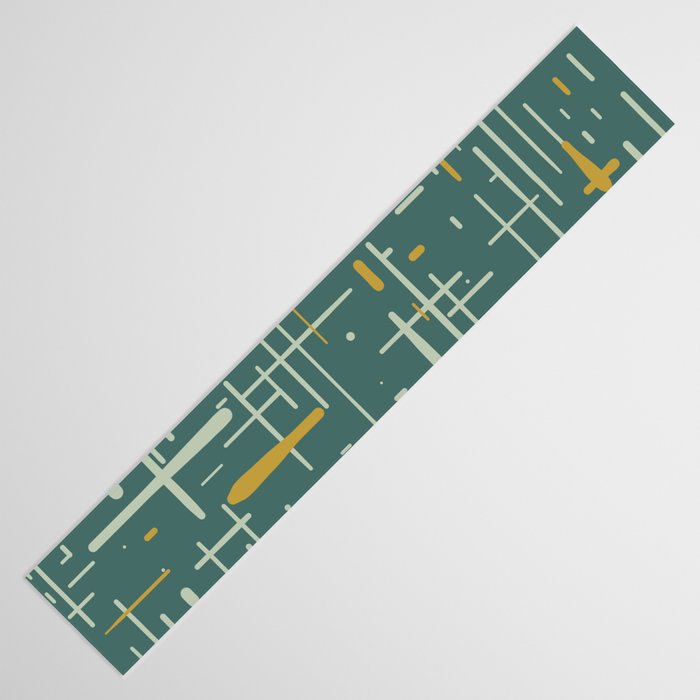 Mid-Century Modern Kinetikos Pattern in Deep Teal, Mustard Gold, and Celadon Table Runner Gallery Image 3