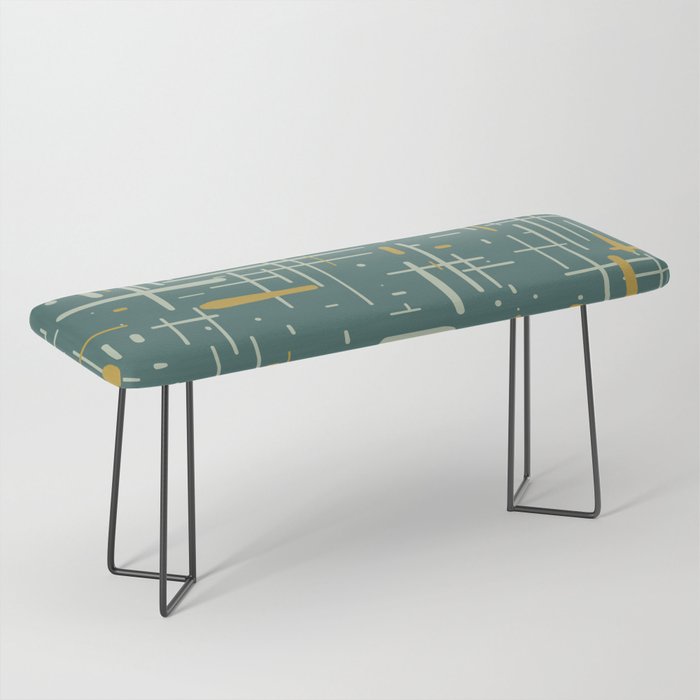 Mid-Century Modern Kinetikos Pattern in Deep Teal, Mustard Gold, and Celadon Bench Gallery Image 1