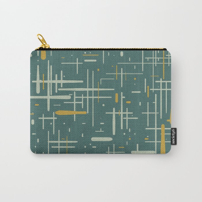 Mid-Century Modern Kinetikos Pattern in Deep Teal, Mustard Gold, and Celadon Carry All Pouch Gallery Image 1