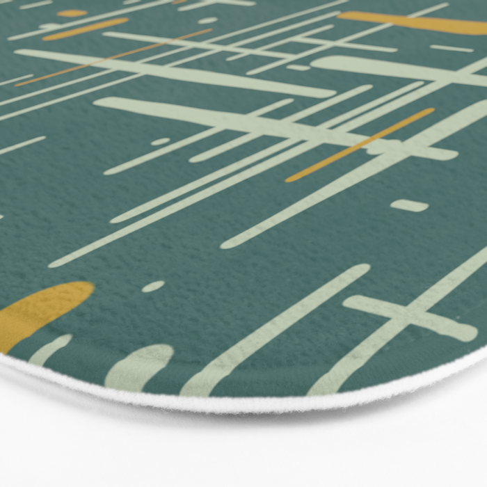 Mid-Century Modern Kinetikos Pattern in Deep Teal, Mustard Gold, and Celadon Bath Mat Gallery Image 3