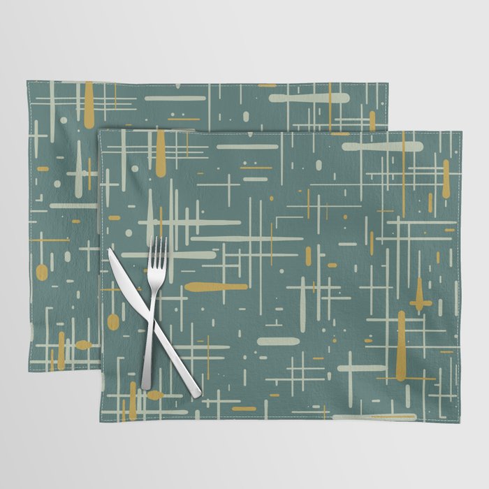 Mid-Century Modern Kinetikos Pattern in Deep Teal, Mustard Gold, and Celadon Placemat Gallery Image 1