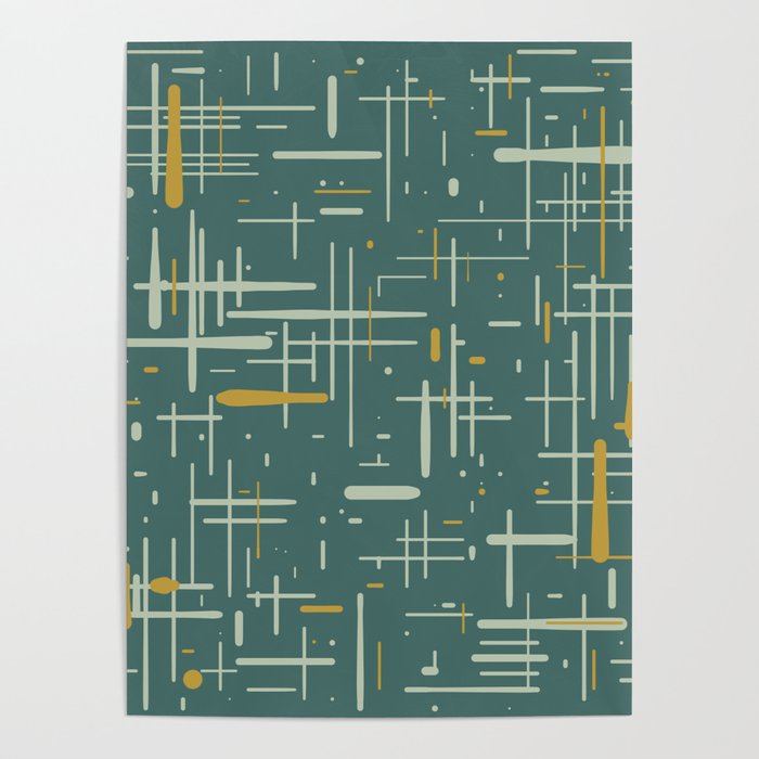 Mid-Century Modern Kinetikos Pattern in Deep Teal, Mustard Gold, and Celadon Poster Gallery Image 4