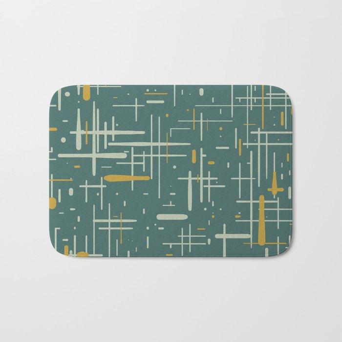Mid-Century Modern Kinetikos Pattern in Deep Teal, Mustard Gold, and Celadon Bath Mat Gallery Image 1