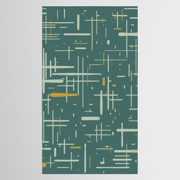 Mid-Century Modern Kinetikos Pattern in Deep Teal, Mustard Gold, and Celadon Tablecloth Gallery Image 2