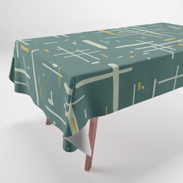 Mid-Century Modern Kinetikos Pattern in Deep Teal, Mustard Gold, and Celadon Tablecloth Gallery Image 1