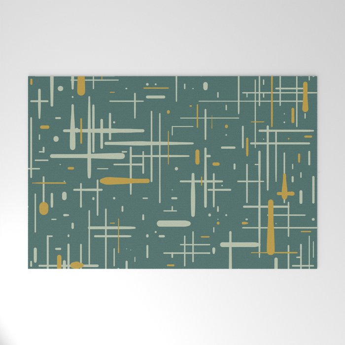 Mid-Century Modern Kinetikos Pattern in Deep Teal, Mustard Gold, and Celadon Welcome Mat Gallery Image 1